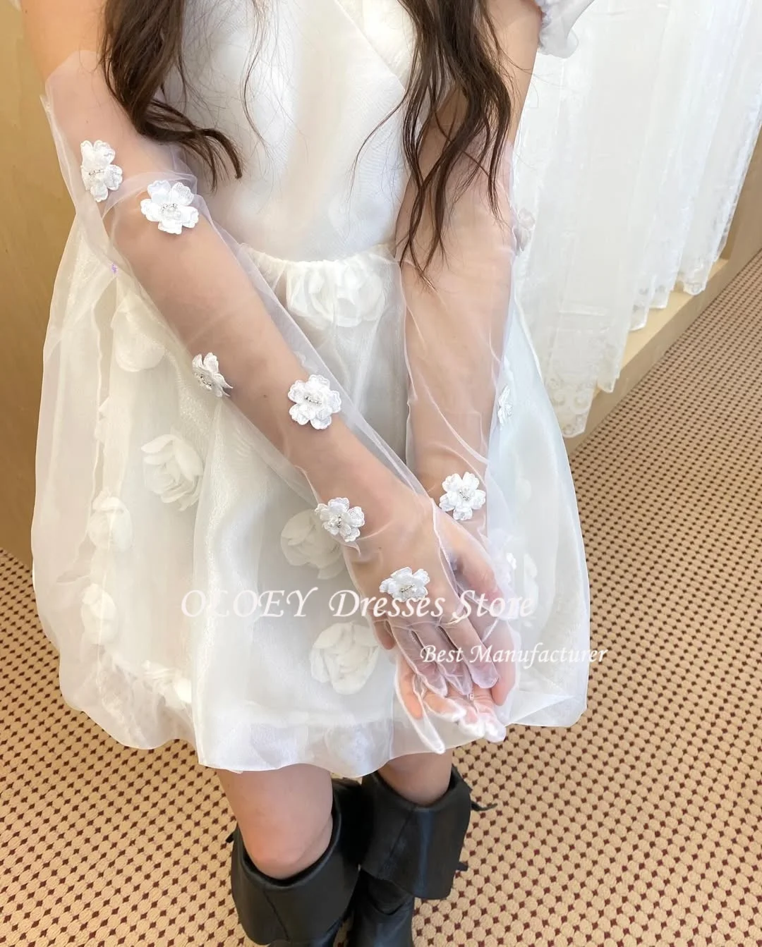 OLOEY Ivory A-Line Sweet Sleeves Mini Wedding Party Dress Square Collar Korea Photo Shoot Bridal Gown Customized 웨딩드레스