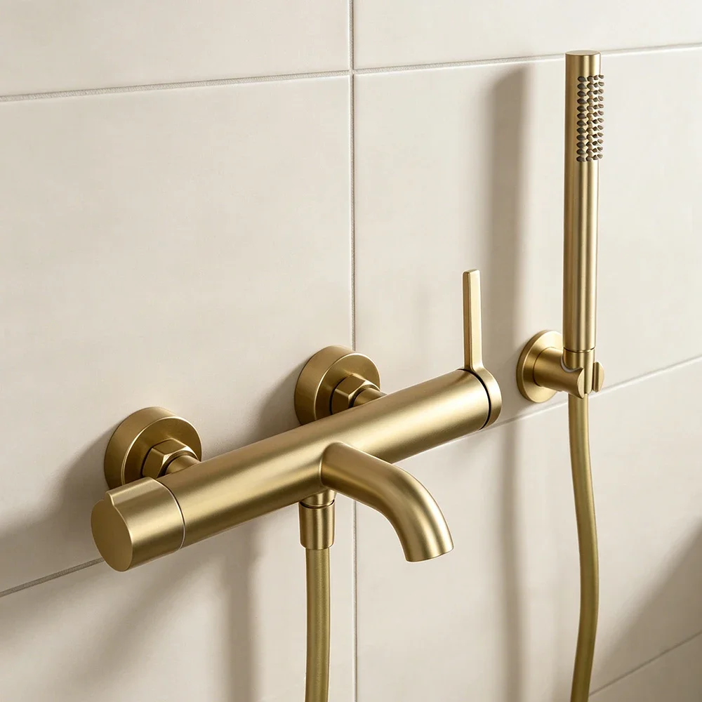 Round Elegant Bathroom Bathtub Faucet with Handheld Shower Head and Downward Water Spout Brushed Rose Gold, Gun Grey, 5 Colors