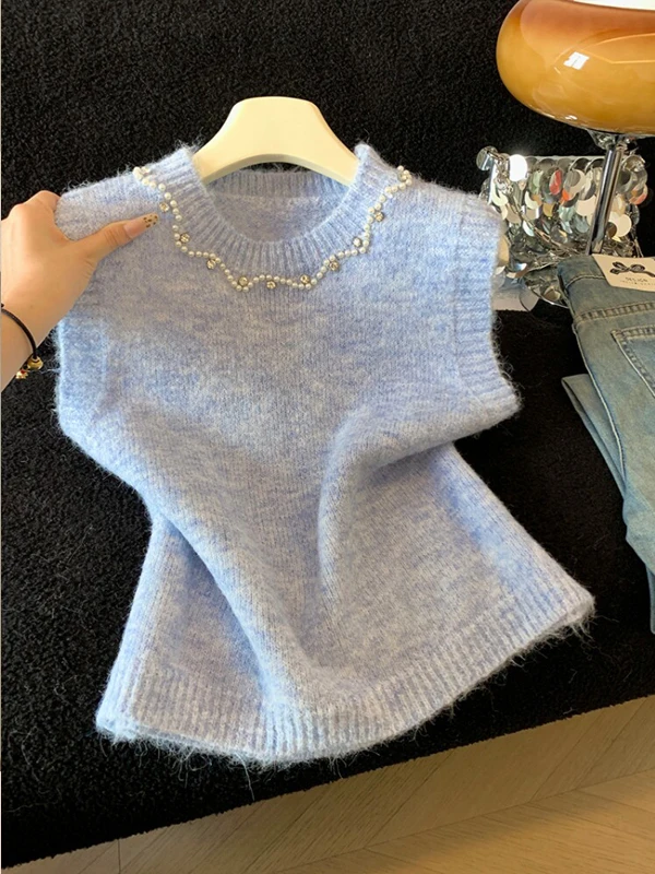 Sweet Style Knitted Vest Women's Spring Autumn New Style Layered Top Sleeveless Sweater Shoulder Pad Vest Female Fashion