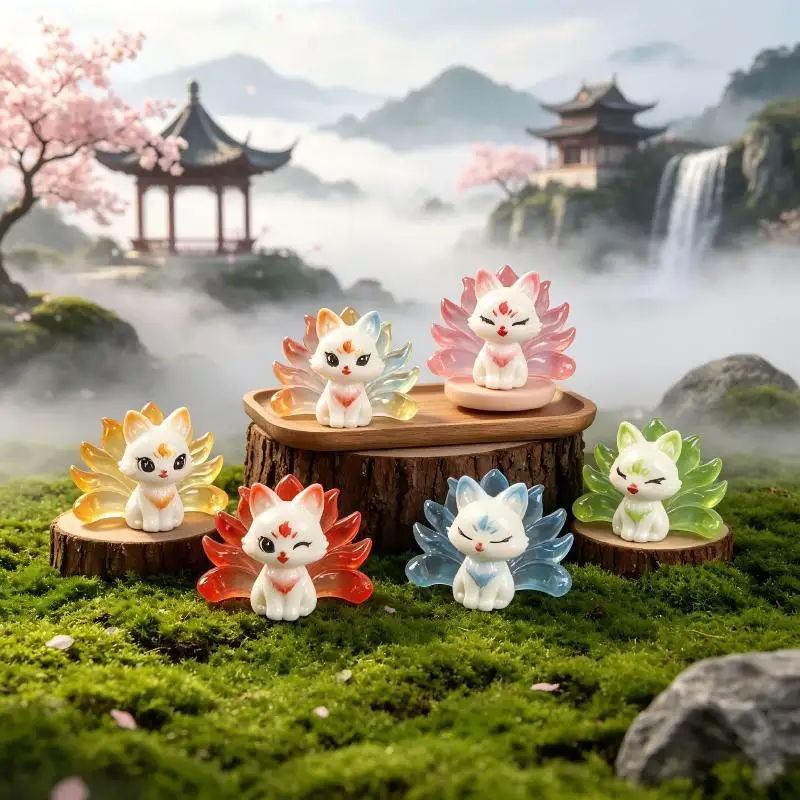 Cute Nine-tailed Fox Resin Charms: Cartoon Animal Figurines DIY Keychain Pendants Mini Desktop Car Ornaments