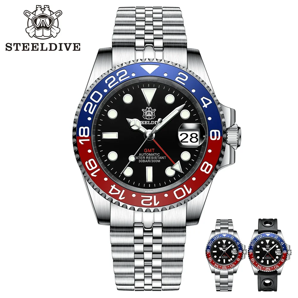 

STEELDIVE SD1993 GMT Watch Ceramic Bezel 24-hour Display Four Pointers NH34 Mechanical Movement Swiss Luminous 300M Waterproof