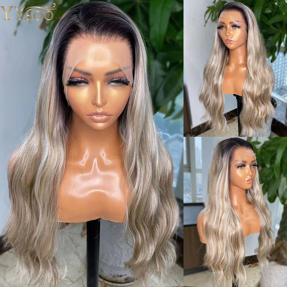 YYsoo Long Loose Wave Ombre Highligts Synthetic Hair Wig 13x4 Futura Lace Front Wigs For Women Pre Plucked Hairline Dark Roots