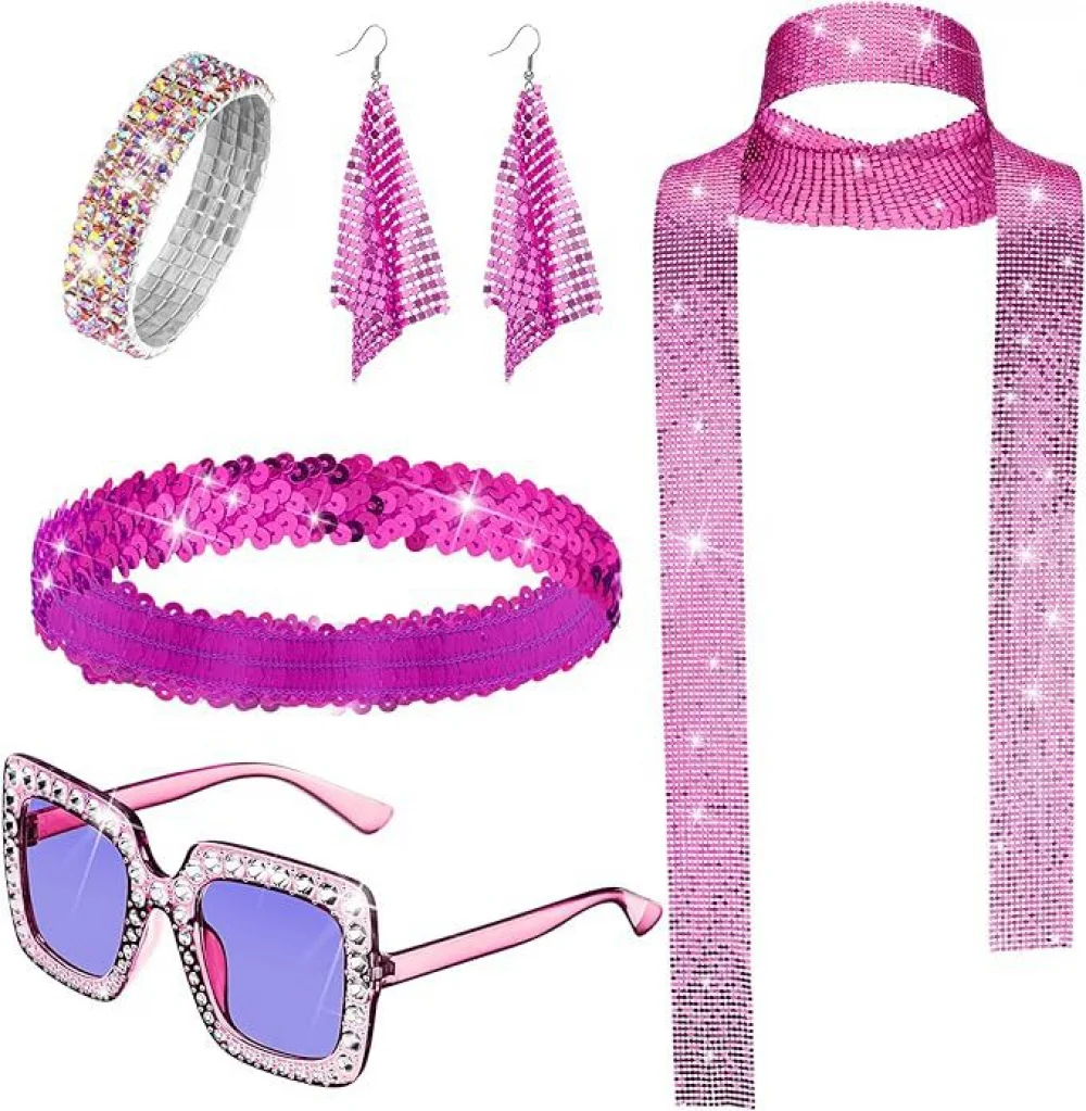 70s Women Disco Accessories Halloween Costume Disco Sequin Scarf Headband Diamond Bracelet Ball Necklace Earring Glasses