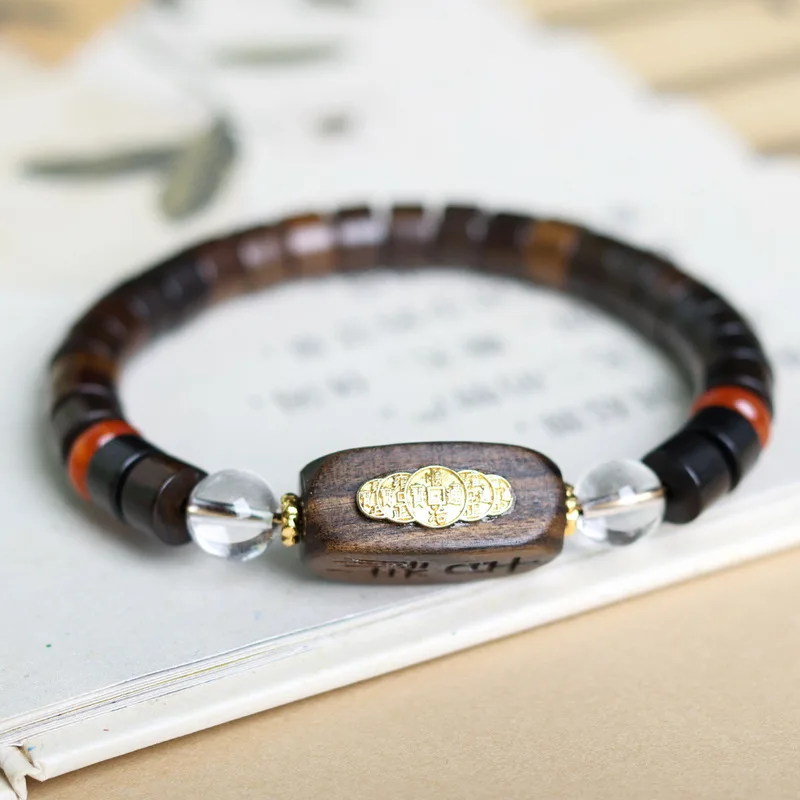 Agarwood wood bracelet, and auspicious, inlaid with gold, hand-twisted wooden Buddhist bead jewelry