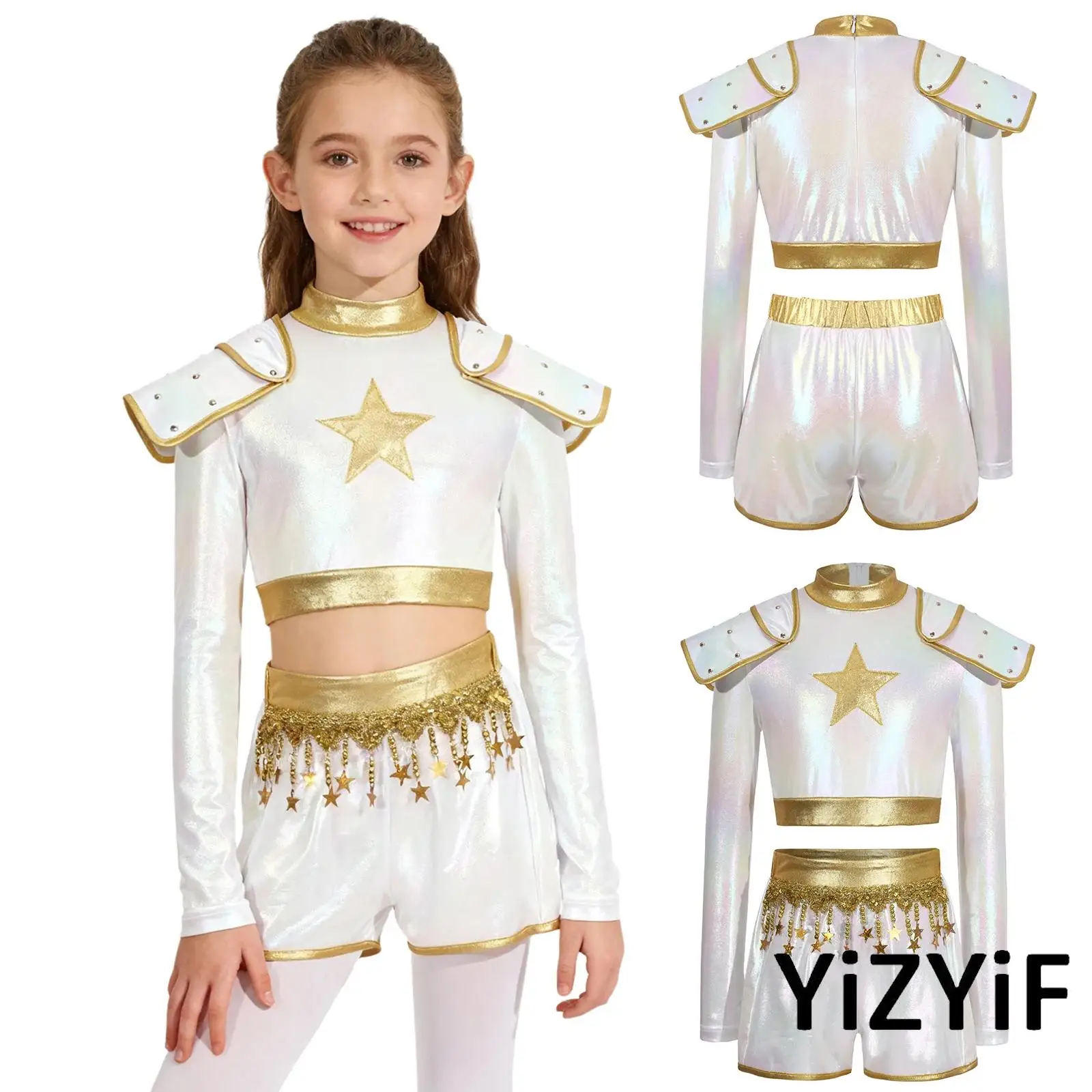 

Kids Girls Singer Disco Dance Outfits Illusory Luster Long Sleeve Crop Top with Shorts Set for Halloween Carnival Themed Parties