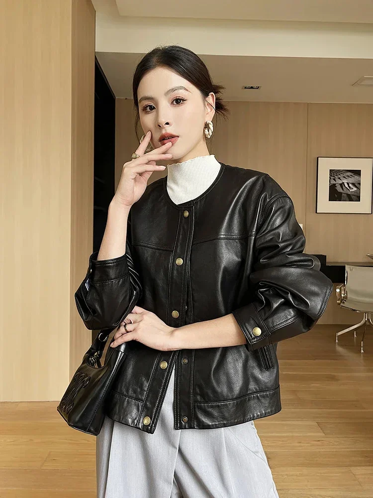 O-neck Vintage Real Sheepskin Coat for Women Spring Autumn 2024 Trend High-end Simple Loose Genuine Leather Jackets