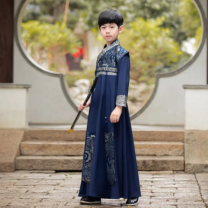 Disfraz tradicional chino para niño, traje Tang con cara de brocado Hanfu, traje nacional guapo de Héroes, novedad de 2023