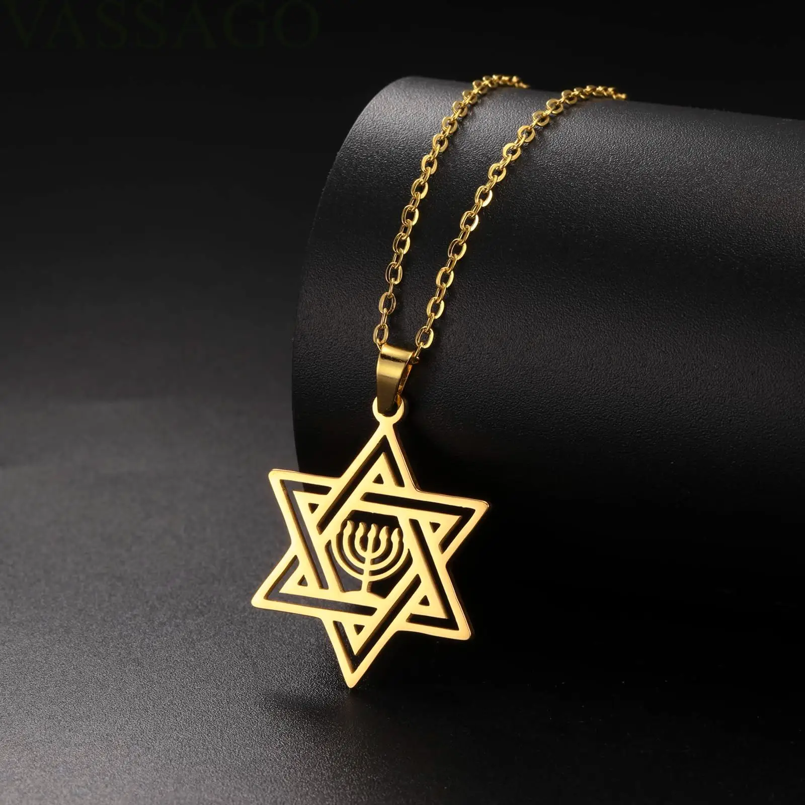 VASSAGO Star of David Necklace Jewish Star with Menorah Necklace Stainless Steel Hanukkah Necklace Israel Religious Jewelry