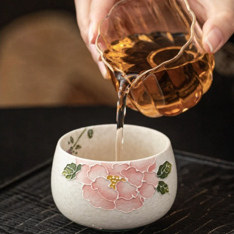 Chinese Handmade Tea Cup Peony Flower Carved Porcelain Kung Fu Tea Personal Use Ceremony Office Christmas Gift