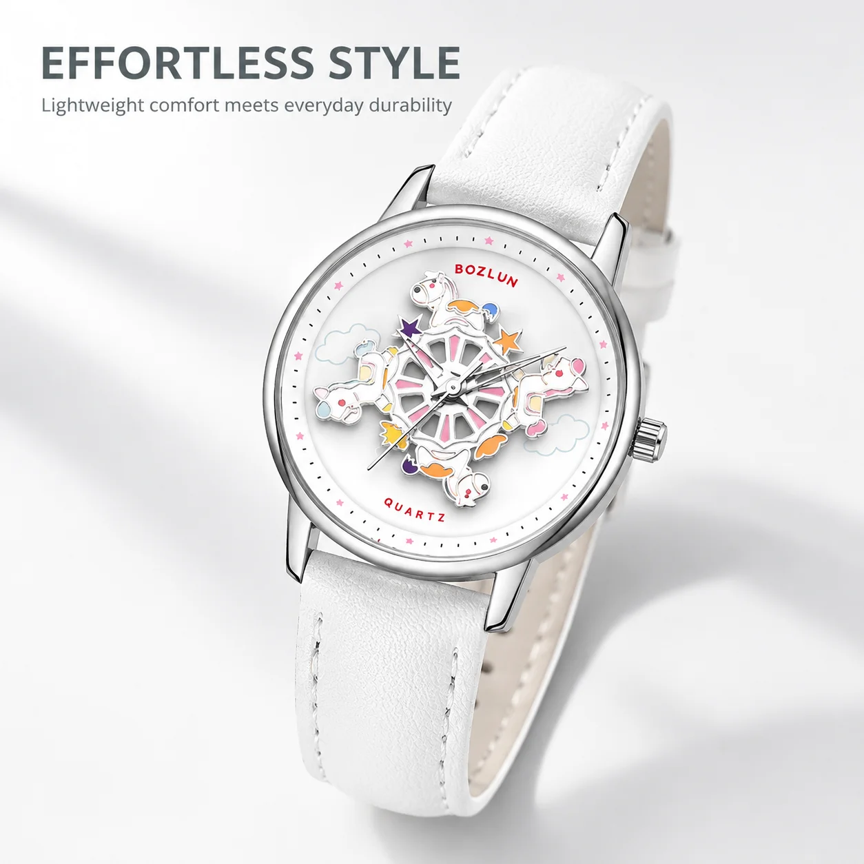 BOZLUN BZ-016 Women's Quartz Watches Cute Girl Students Wristwatch With Horse Pattern Dial Waterproof For School Campus Dating