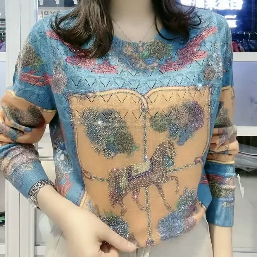 Spring Autumn High-End Women's Loose Slimming Base Shirt Fashionable Diamond Knitted Long Sleeve Top Ladies Casual Style Poly...