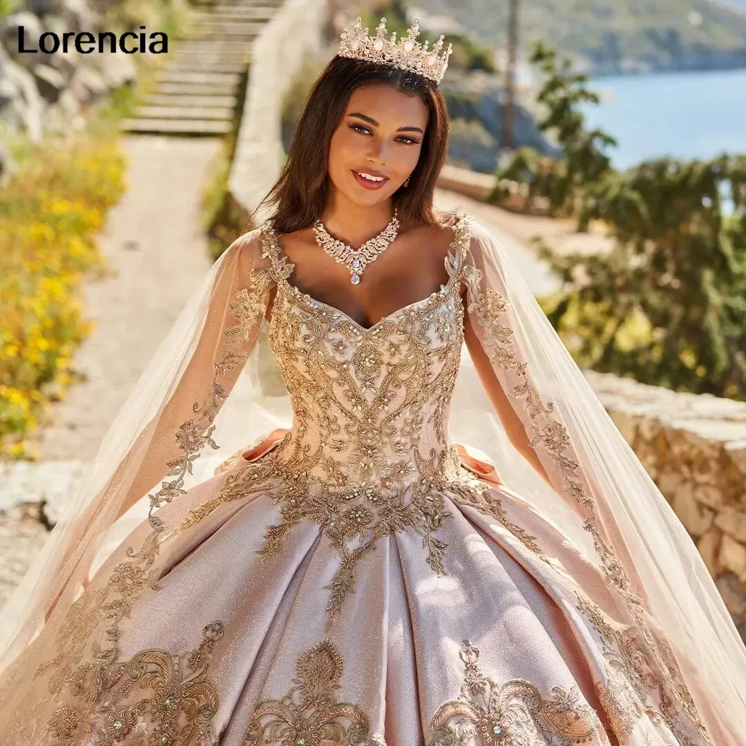 Lorencia Rose Quinceanera vestido de baile com capa e espartilho, Gold Lace Applique, Sweet 16 Ball Gown, Sweet 16, YQD728