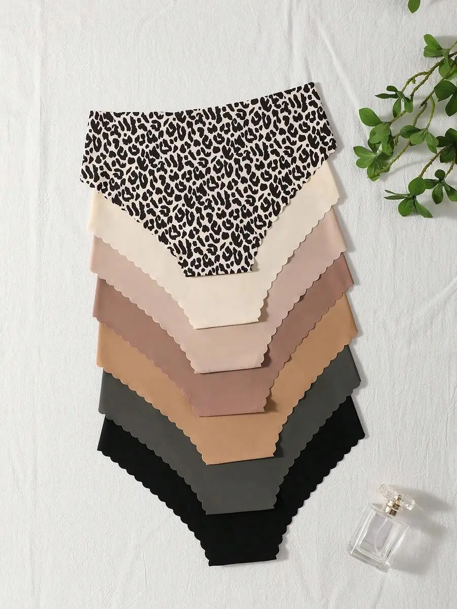 

7pcs Women Comfortable Breathable Leopard Print Wavy Seamless High Cut Triangle Briefs For Daily Wear Yoga