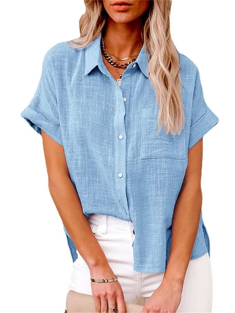 Summer Solid Shirt Lapel Cotton Hemp Button Pocket Flying Sleeve Short Sleeve Shirt  Casual Office Top Clothes For Women