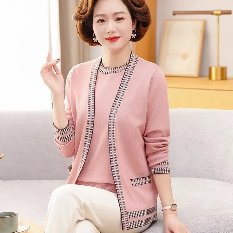 

2024 New Mom Spring Dress Two-piece Set Jacket 40 Years Old and 50 Middle-aged Women's Spring and Autumn Knitted Cardigan Coat