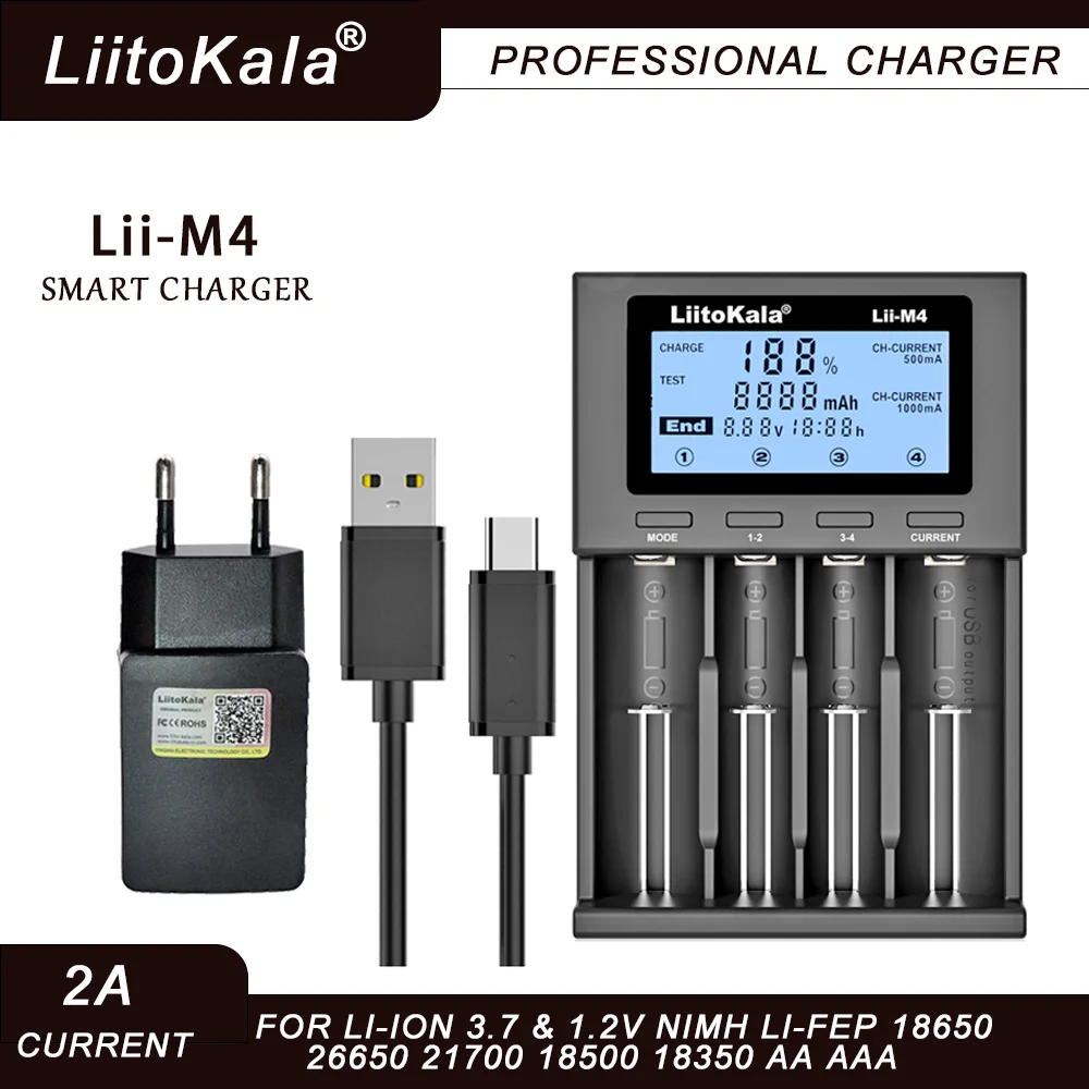 LiitoKala Lii-M4 Lii-L4  Lii-L2 18650 Display Smart Charger Test Capacity Suitable For 3.7V 26650 18350 21700 18500 1.2V 4 Slots