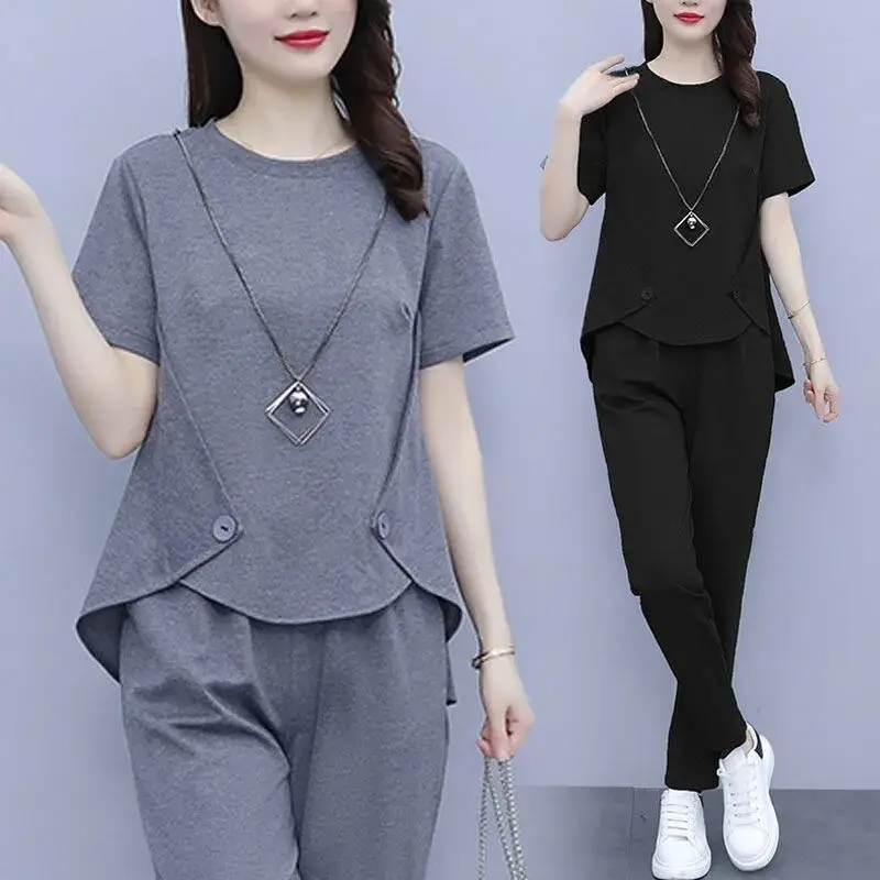 

Women's Clothing All-match Solid Color Short Sleeve T-shirt Suit 2023 Summer New Casual Fashion High Waist Pant 2 Piece Set A454