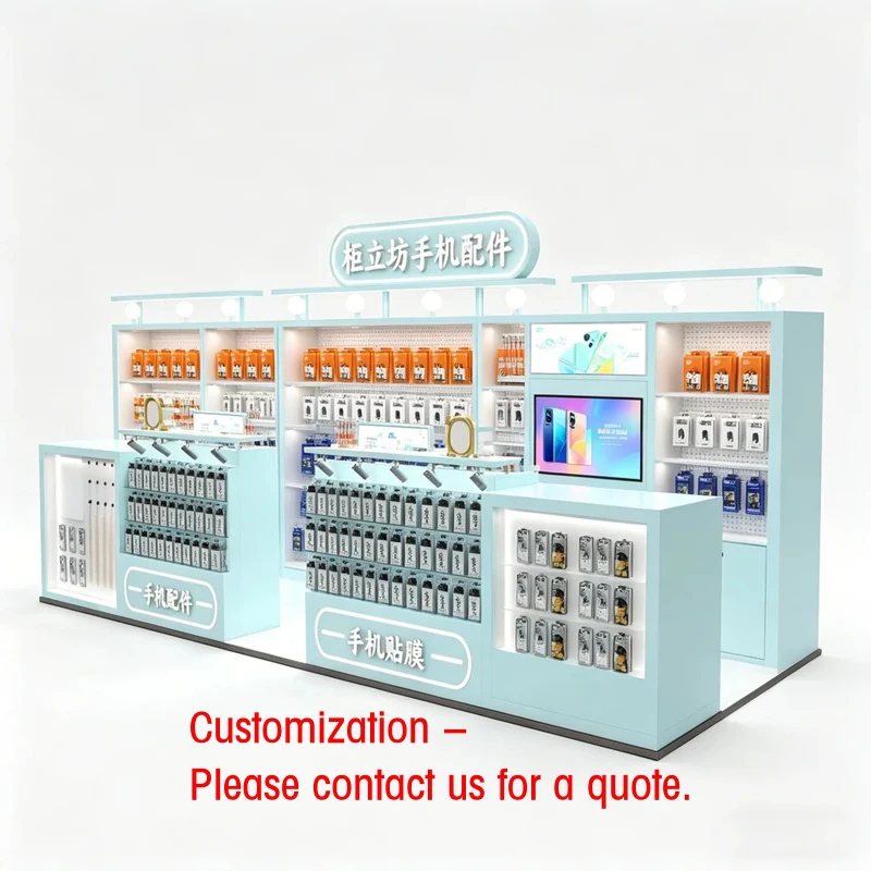 custom.Custom Light Blue Phone Accessory Kiosk | Mall-Up & Tech Solution | All-In-One Fixture Service