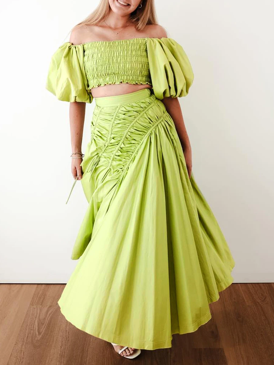 TWOTWINSTYLE Slimming Spliced Folds Two Piece Sets for Women Slash Neck Half Sleeves Top High Waist Skirt Fashion Set Female New