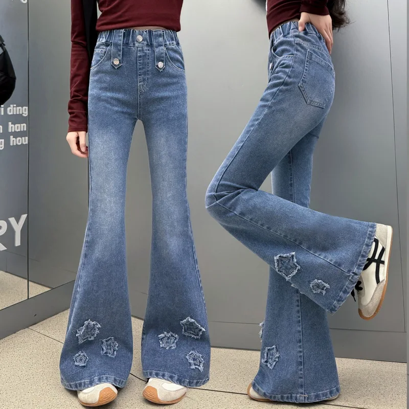 

Fashion Bootcut Jeans for Girls New Arrvial Kids Vintage Denim Flare Pants Spring Autumn Child Slim Trousers with Star Applique