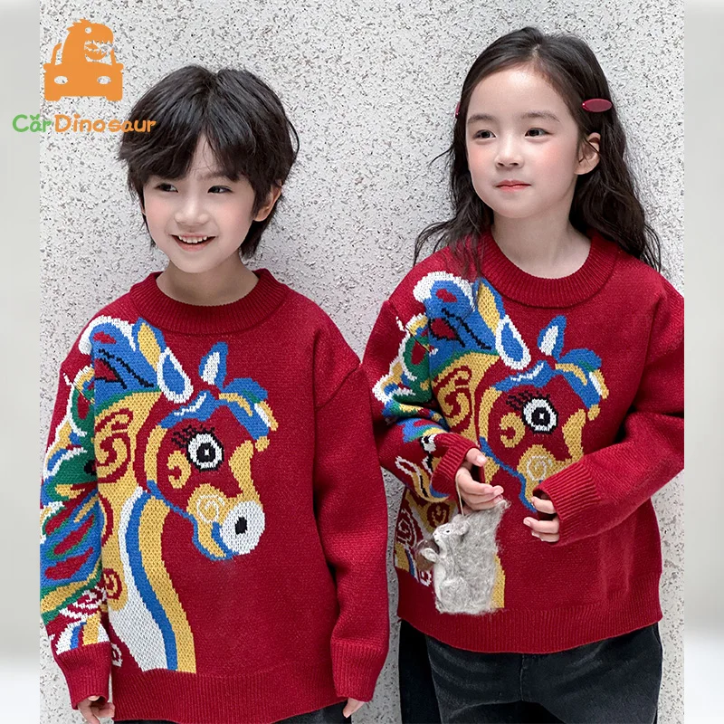 1-12 Year Sibling Girl Boy S-XXL Adults Mom Dad Brother Sister Family Matching Outfits Red Horse Zodiac Chinese New Year Sweater
