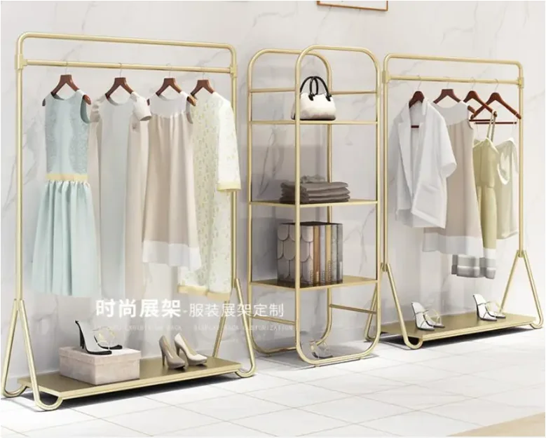 

Clothing store display rack floor type side hanging light luxury gold display shelf rack combination