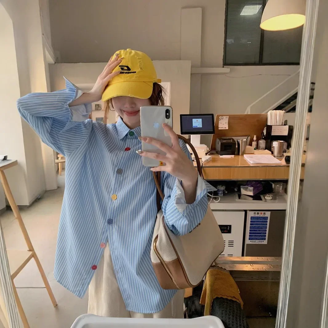 

Women's Early Autumn New Style Dopaamine Design Loose Outerwear Top Korean Style Colorful Button Blue Striped Casual Shirt