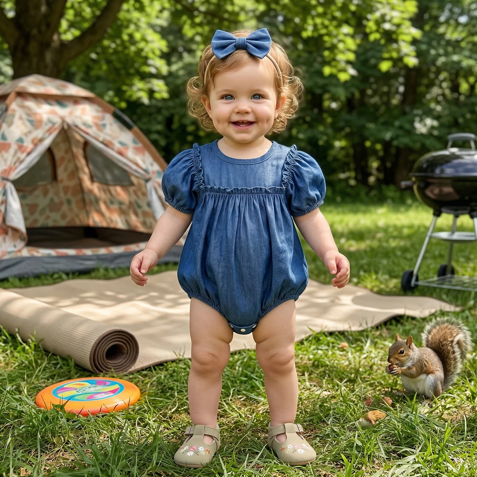 Infant Baby Girls Summer Romper Cute Ruffled Crew Neck Short Sleeve Solid Color Denim Romper and Headband Set