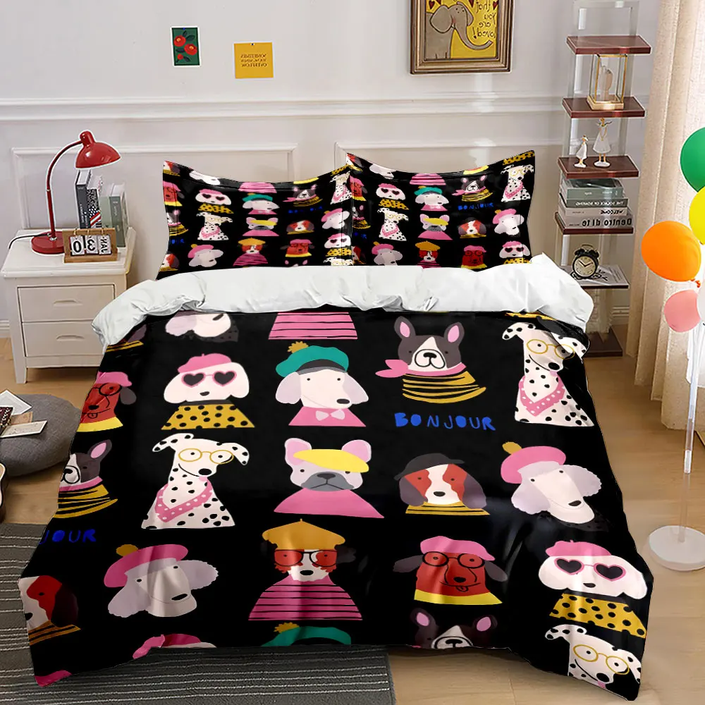 3Pcs Bonjour French Dog Beret Bedding Set,Black Base Fashion Pup Print Duvet Cover 2 Pillowcases Single Double King Queen,Gift