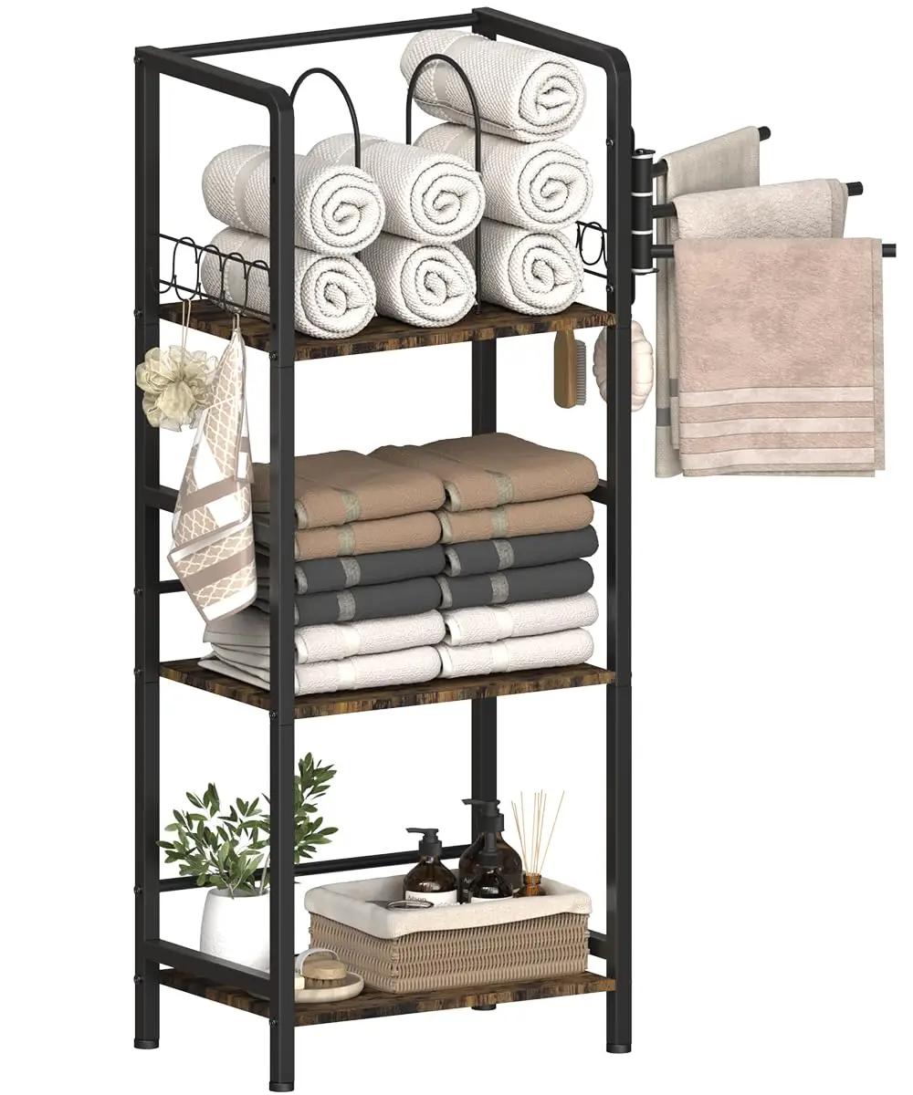 

3-Tier Freestanding Bathroom Towel Shelf With Rotating Bars, Wooden Racks, Detachable Dividers And 8 S-Hooks For Home Or Pool