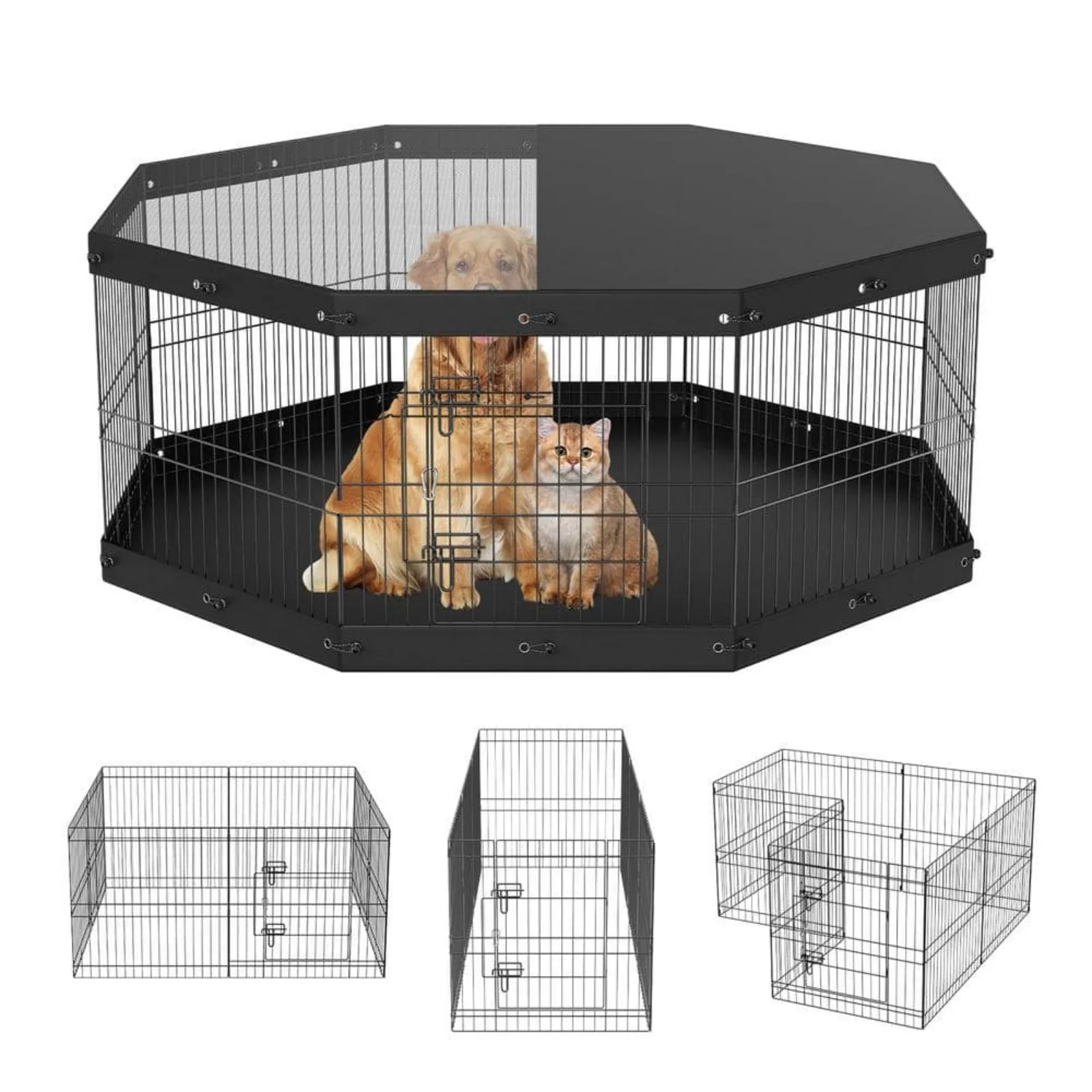 US Dog Playpen 8 Panels Foldable Metal Dog Exercise Pen with Top Cover and Bottom Pad 24 in. H Pet Fence Puppy Crate Kennel