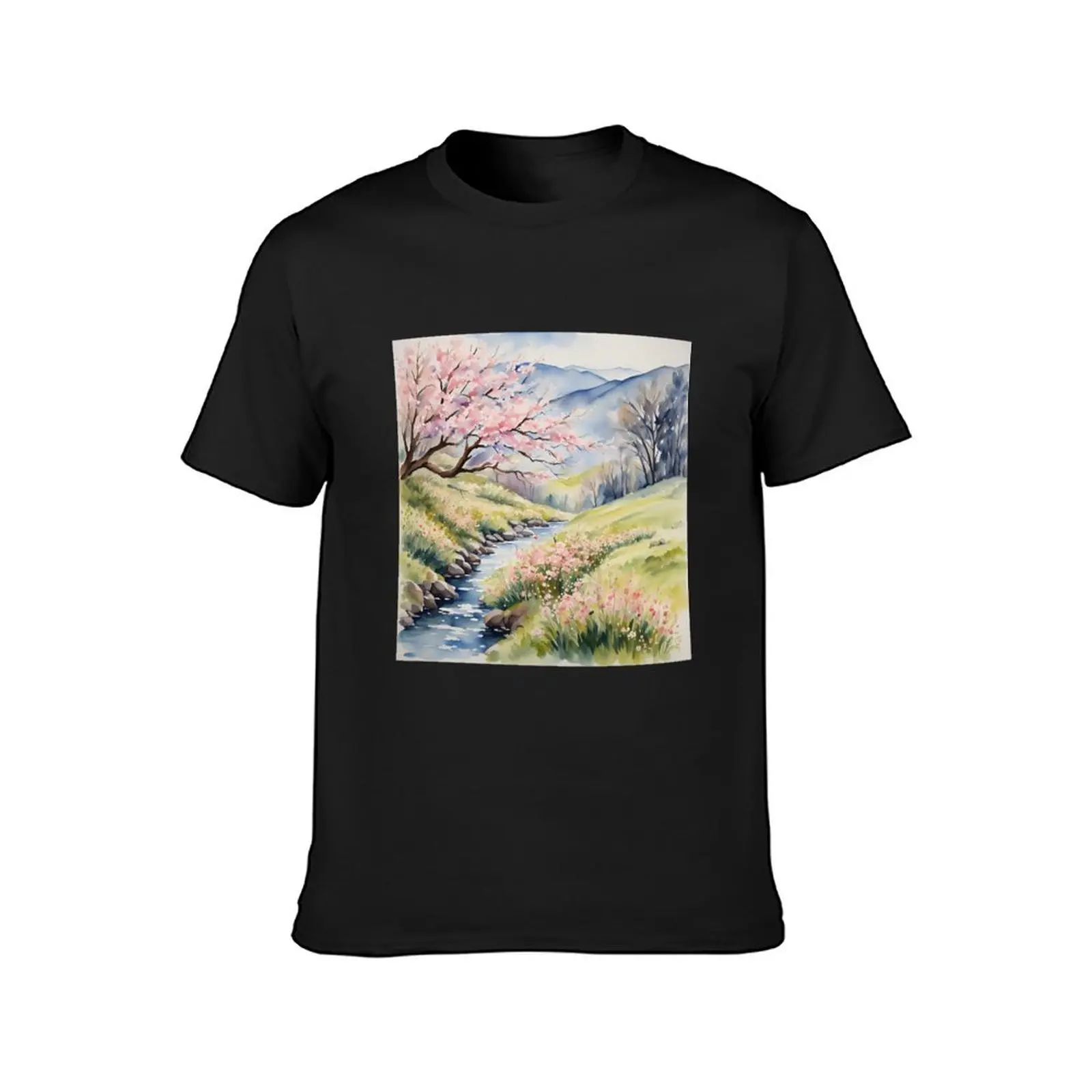 Springtime Symphony: Cherry Blossoms and Flowing Streams - Watercolor Landscape T-Shirt sublime mens t shirts