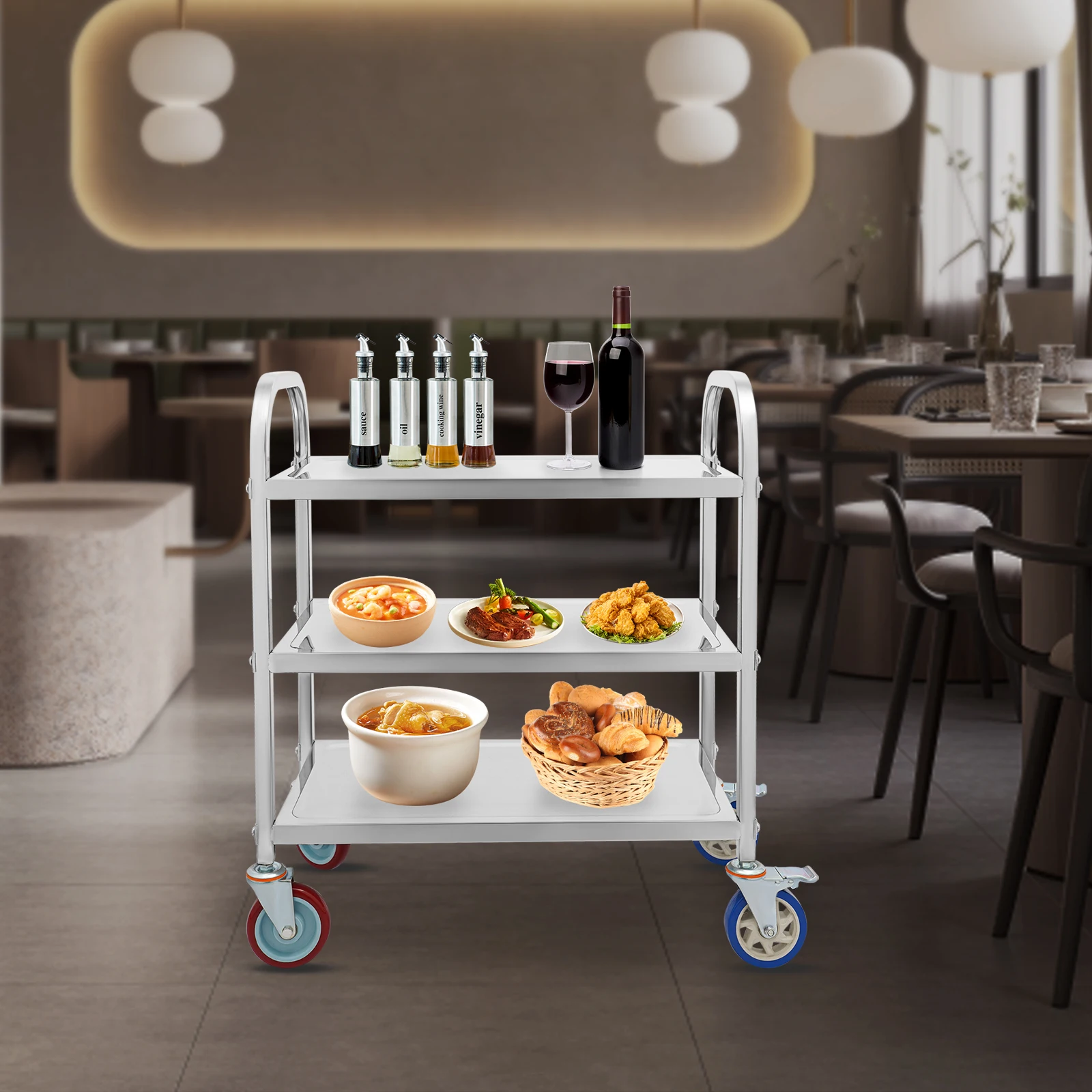 Stainless Steel Kitchen Cart, 3-Tier Mobile Workstation with Locking Wheels, 400LB Capacity for Restaurant/Home/Hotel/Café Use