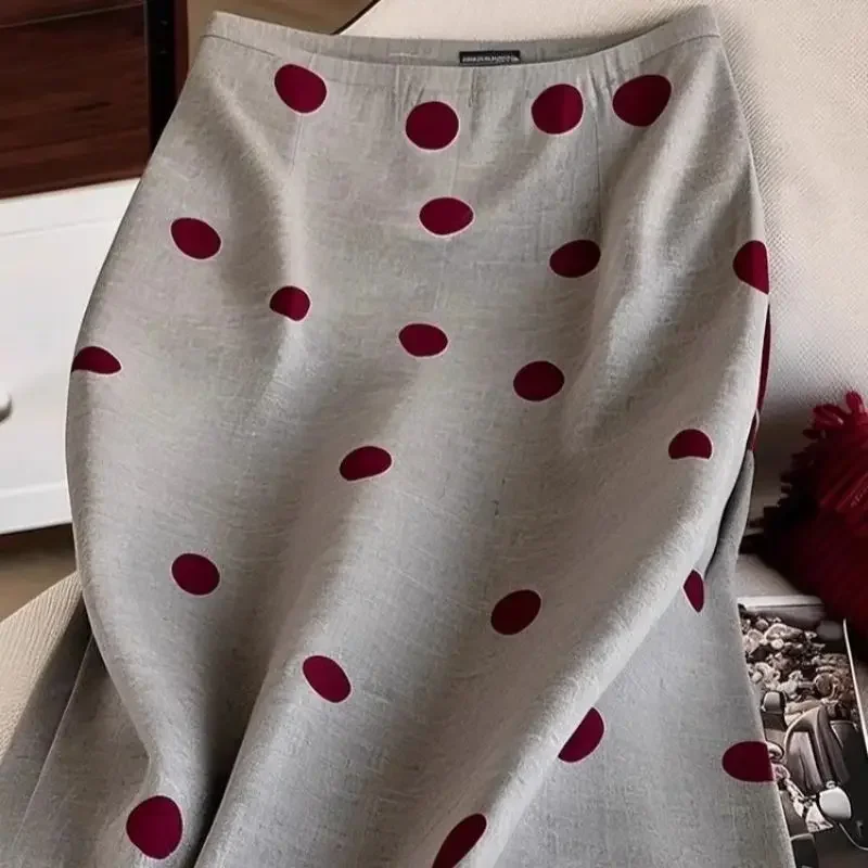 موضة جديدة البولكا نقطة تنورة مطبوعة المرأة الخريف عالية الخصر أنيقة مكتب سيدة ألف خط رمادي التنانير ميدي سليم Jupe #2