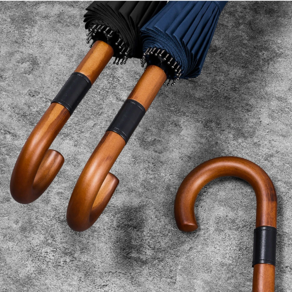 Long Handle Umbrella Large Automatic Umbrellas 24-Bone Solid Wood Handle Sturdy Wind Resistant Reinforcement Rainstorm Umbrella