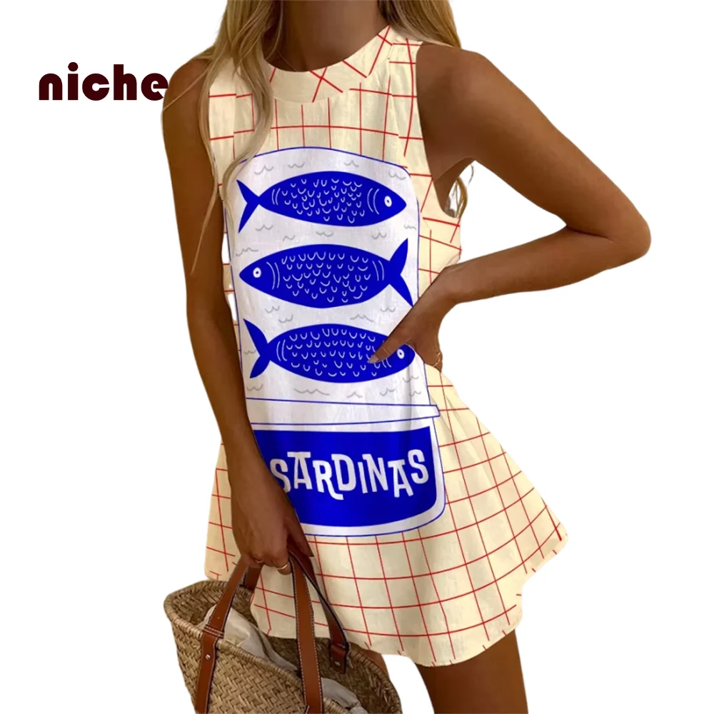 Pink Yellow Women\'s Sleeveless Dress Sardines Fish Print Fashion Trend New Beach Vacation Party Dresses Girls Clothes