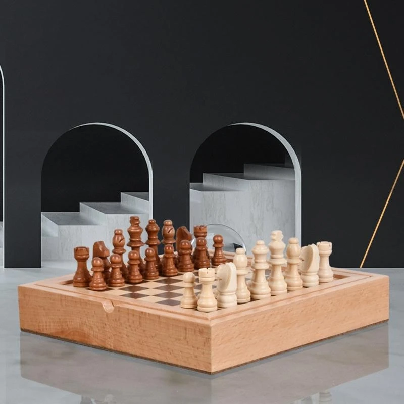 보관 서랍이 있는 나무 체스 & 체커 세트 어린이를 위한 5-in-1 보드 게임 세트 부모 휴대용 가족 게임 체스 세트 15UB