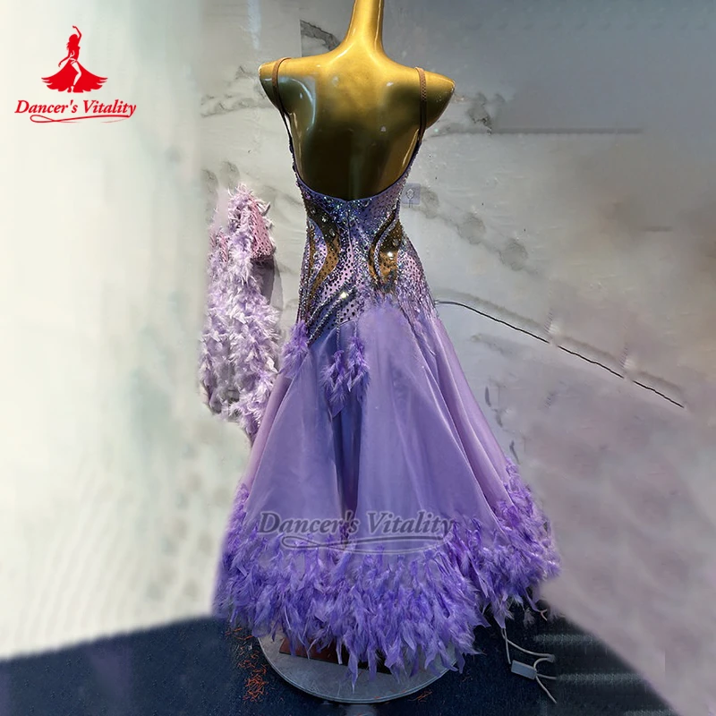 Inclined Collar Social Dance Feather Style Dress Adult&Teenager Waltz Tango Wrapped Hips Perform Clothe Custom Dancer's Vitality