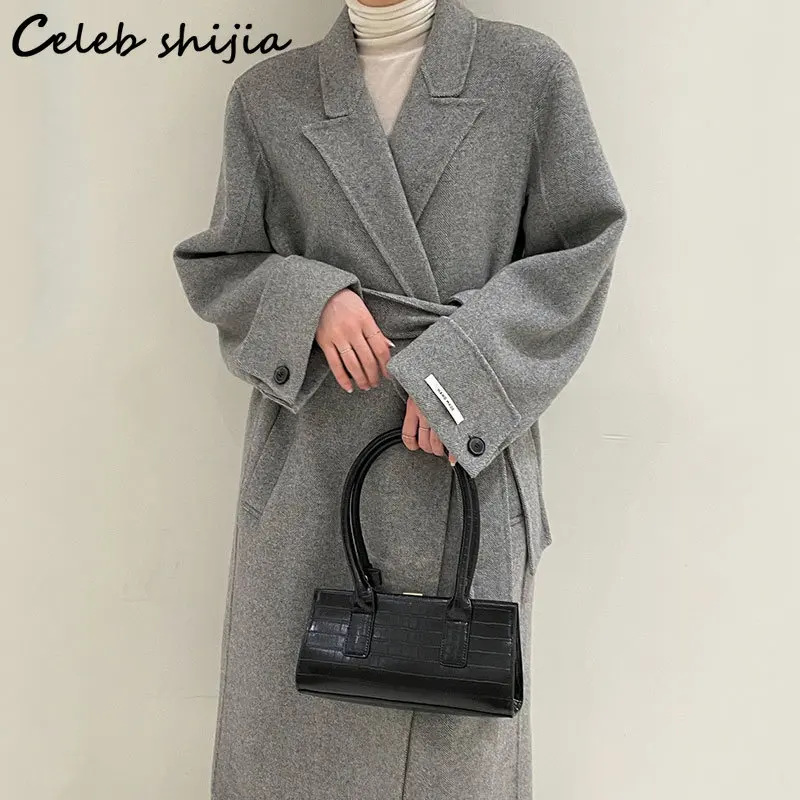 

Gray Wool Jacket Women with Belt 2023 Winter Double-breasted Long Jacket Ladies Turn-down Collar Thicken Outfit Autumn