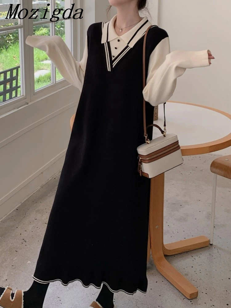 

Fake Two Piece Autumn Winter Korea Women Dress Vestidos Robe Elbise Loose Plus Size Knitted Sweater Ladies Dresses Vestidos