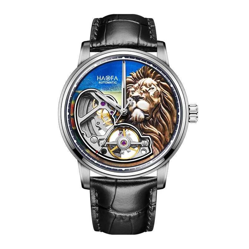 Haofa Skeleton Automatic Mechanical Watch for Men 3D Lion Sapphire Luminous Waterproof First-grain Calfskin Strap Men Watch 2265