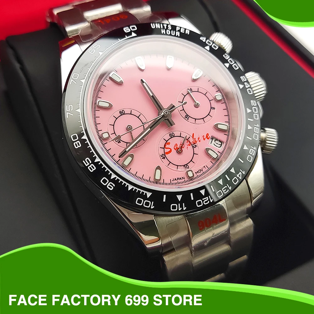 The 40mm quartz chronograph pink men\'s watch uses VK63 movement sapphire crystal panda chronograph clock