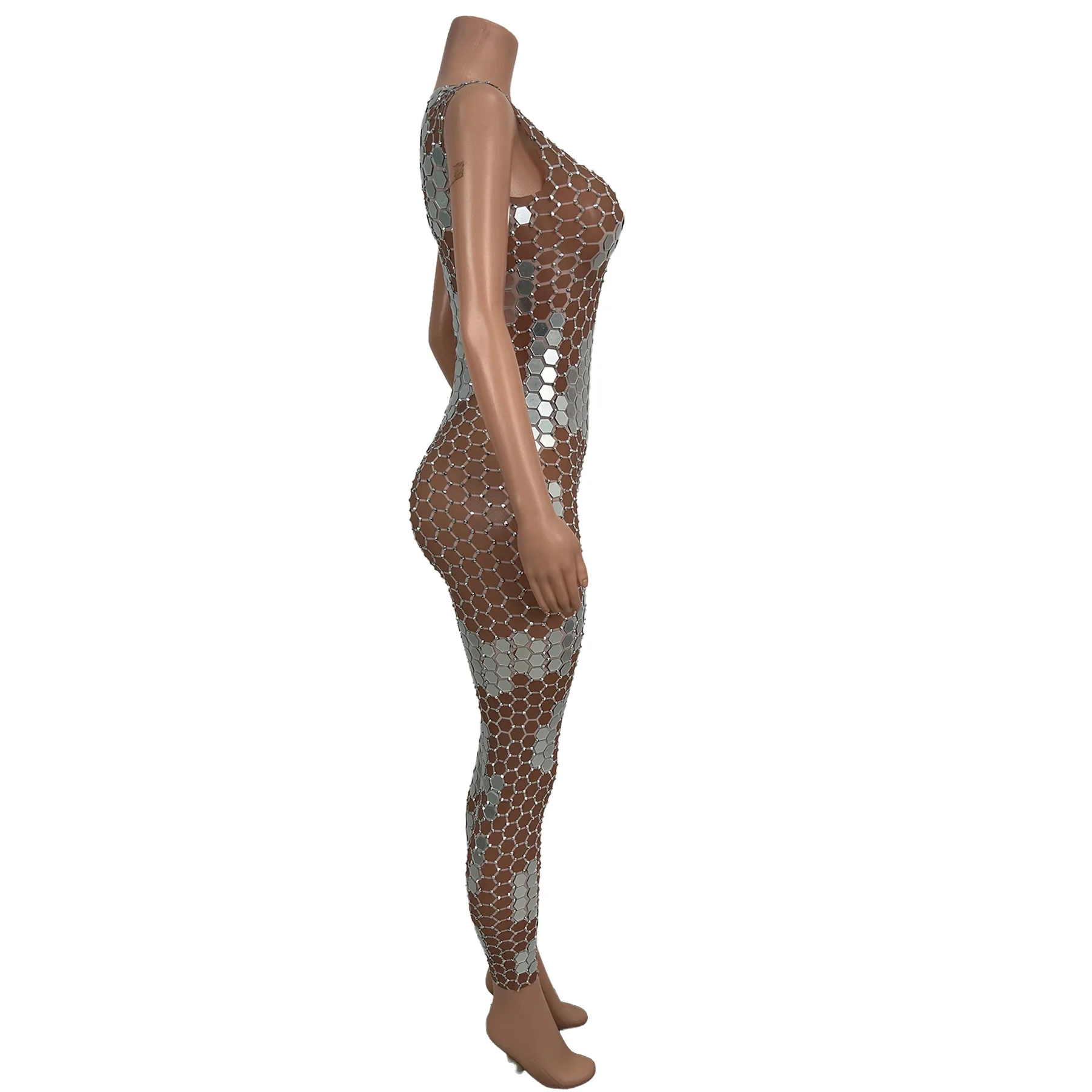 Sparkly Rhinestone Mirrors Sleeveless Bodycon Jumpsuit Celebrate Party Stage Performance Wear Sexy Showgirl Dance Wear Yinpianku
