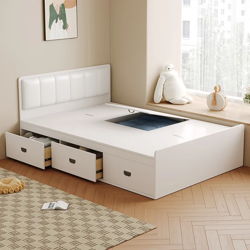 Cama tatami de madera maciza blanca, 1,8 metros, dormitorio principal doble, almacenamiento nuevo, moderno, sencillo, individual, 2024