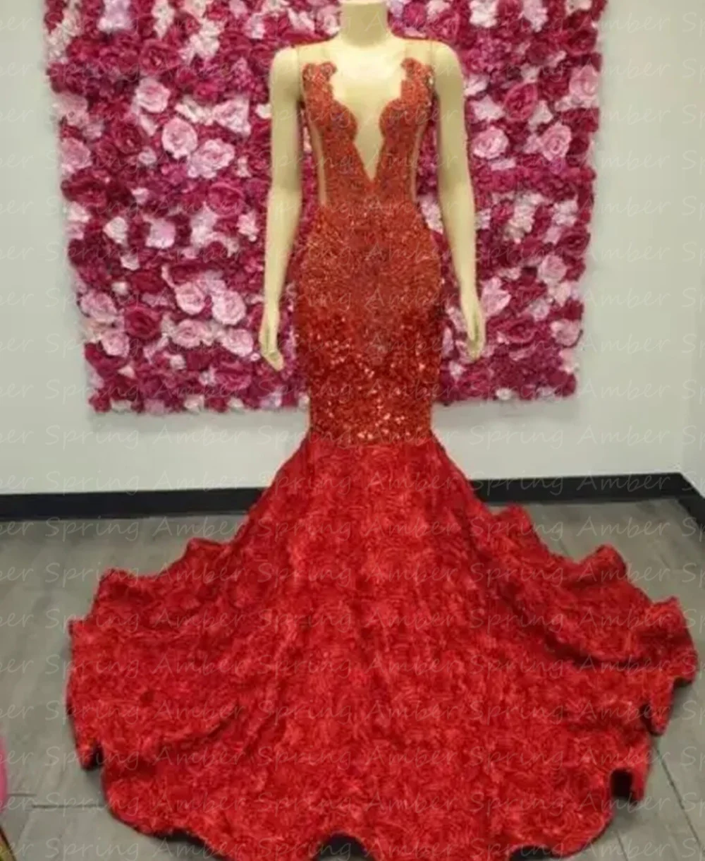 Designer Rot Schwarz Mädchen Ballkleider Meerjungfrau Pailletten Kristall 3D Blumenrock Formelle Geburtstagsparty Kleider Abschlussfeier Maßgeschneidert