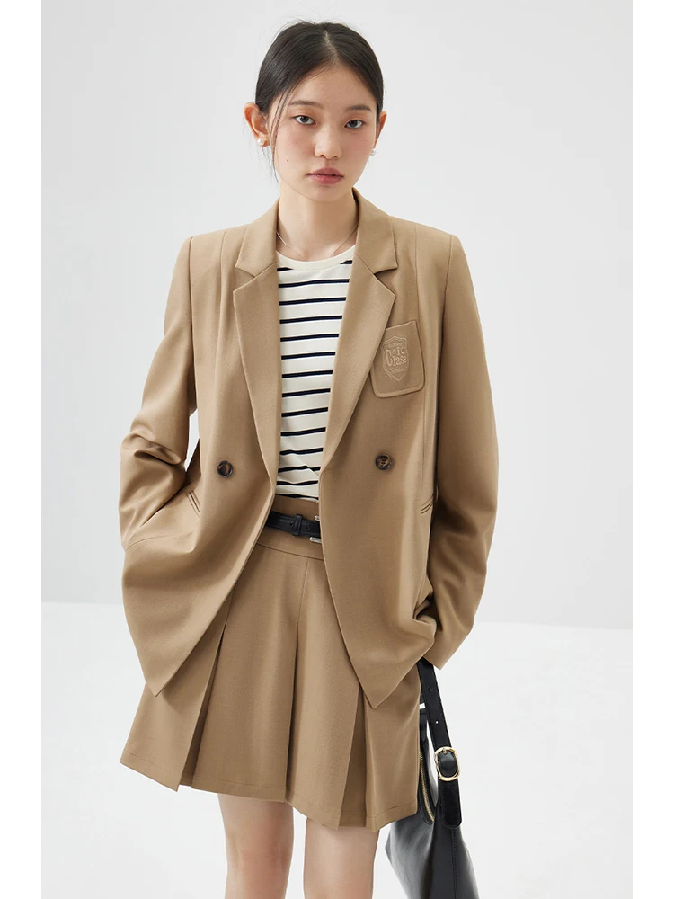 ZIQIAO Commuting Casual College Style Suit for Women 2024 Spring New Trend Sense Short Pleated Skirt + Loose Blazer Female Sets