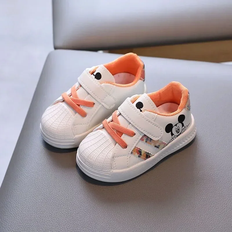 Disney White Casual Shoes For Baby Boy Girl Brand Children Sneaker Mickey Mouse Kids Shoes Toddler Walking Shoes Size 15-25