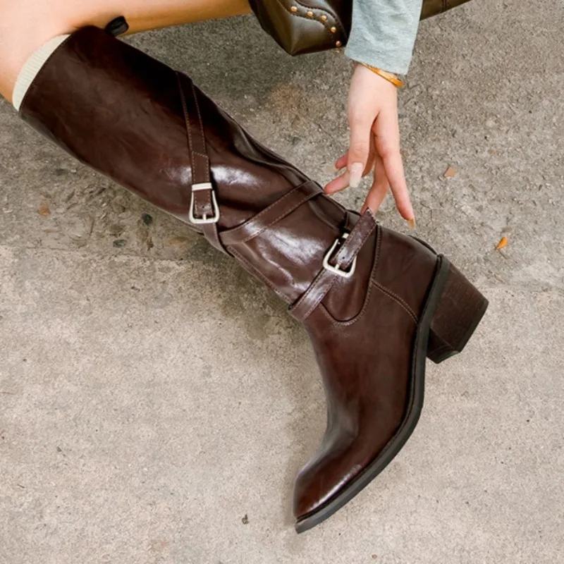 

Mid Heels Women Chunky Long Boots Designer Elegant Buckle Shoes 2025 Winter New Elegant Dress Pumps New Party Zapatillas Mujer