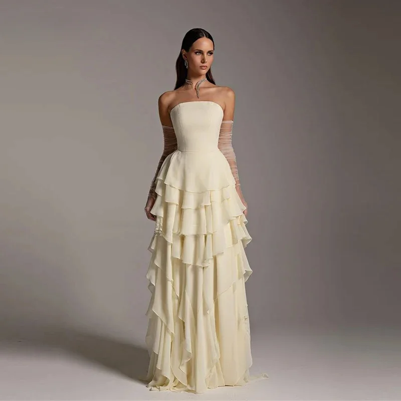 

CustomizedYellow Chiffon Long Evening Dresses Tiered Pleats Saudi Arabric Prom Dresses Formal Floor Length Prom Gown Customized
