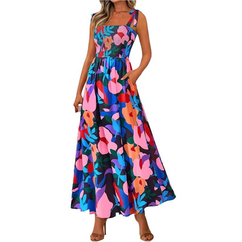 A83F-Vestito lungo estivo da donna senza maniche smock Boho con cinturino per spaghetti A Line Flowy Beach Long Sundress